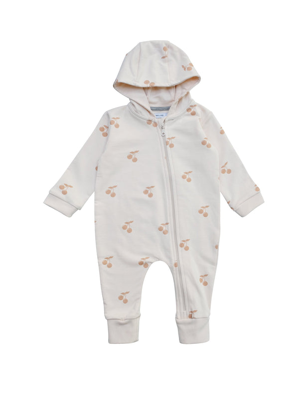 All in one baby suit with zipper in front and lined hood. Wear it on it's on as a relaxed sweatshirt suti or with a body underneath as layer two. Cherry print all over on soft pink. Made of 100% organic cotton in Portugal.