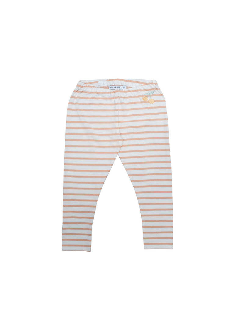 Soft and comfortable leggings in organic cotton jersey. Adjustable waist for a better fit and perfect for sizing up for longer wear. Coral and white stripes with the cutest little cherry at front. Printed logo and sizing information at back.