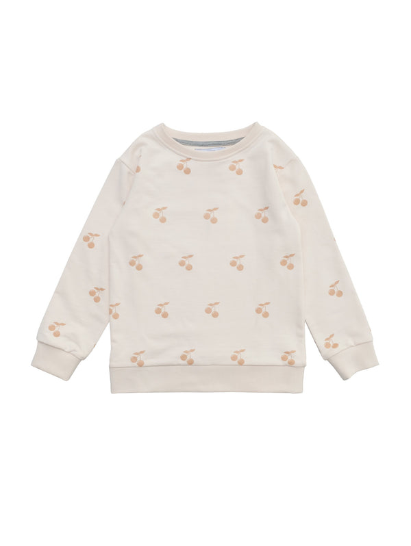 Classic round neck sweatshirt in organic cotton with rib trimmed at arms and at waist. Summer exclusive cherry print on soft organic cotton. Size 1yr as buttons at neck for easy dressing.