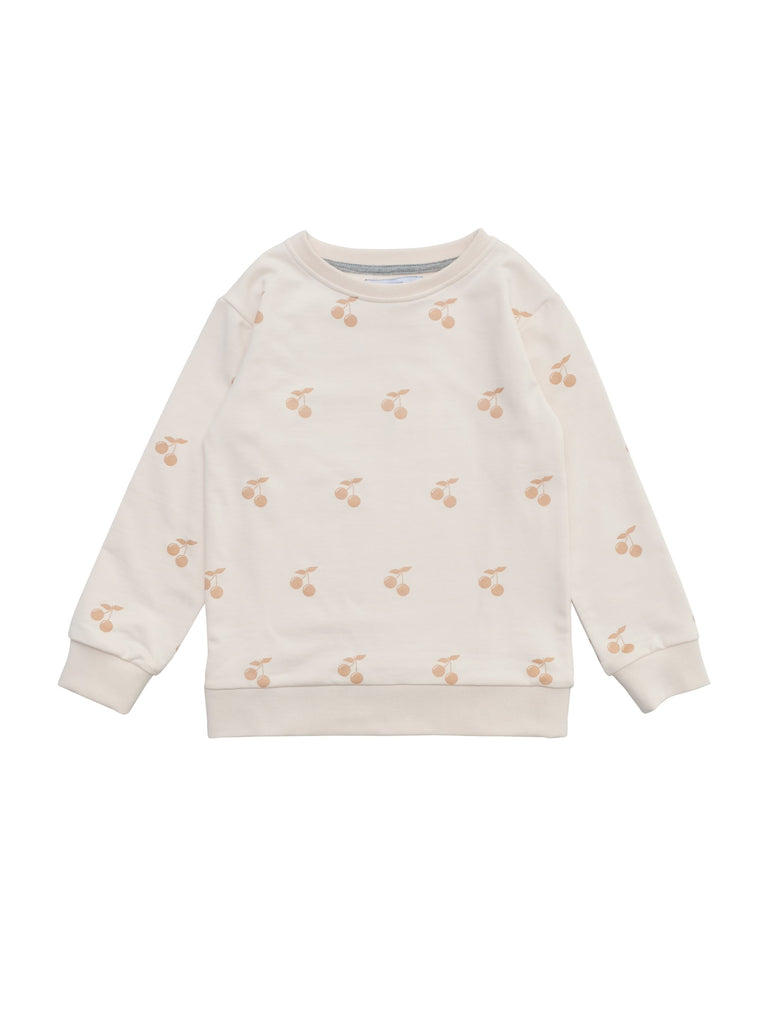 Classic round neck sweatshirt in organic cotton with rib trimmed at arms and at waist. Summer exclusive cherry print on soft organic cotton. Size 1yr as buttons at neck for easy dressing.