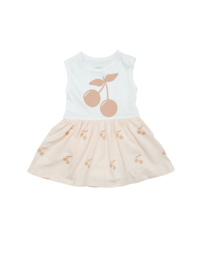 Cute summer baby body dress with a screenprinted Cherry at front and a airy skirt with all over Cherry print. Snap buttons at crotch and shoulder for easy dressing. Printed logo and sizing information at back to avoid necklabel irritating baby delicated skin.