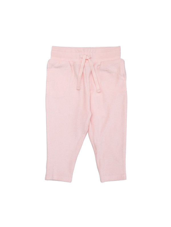 Terry pants with a soft ribbed waist and drawstrings for better fit.