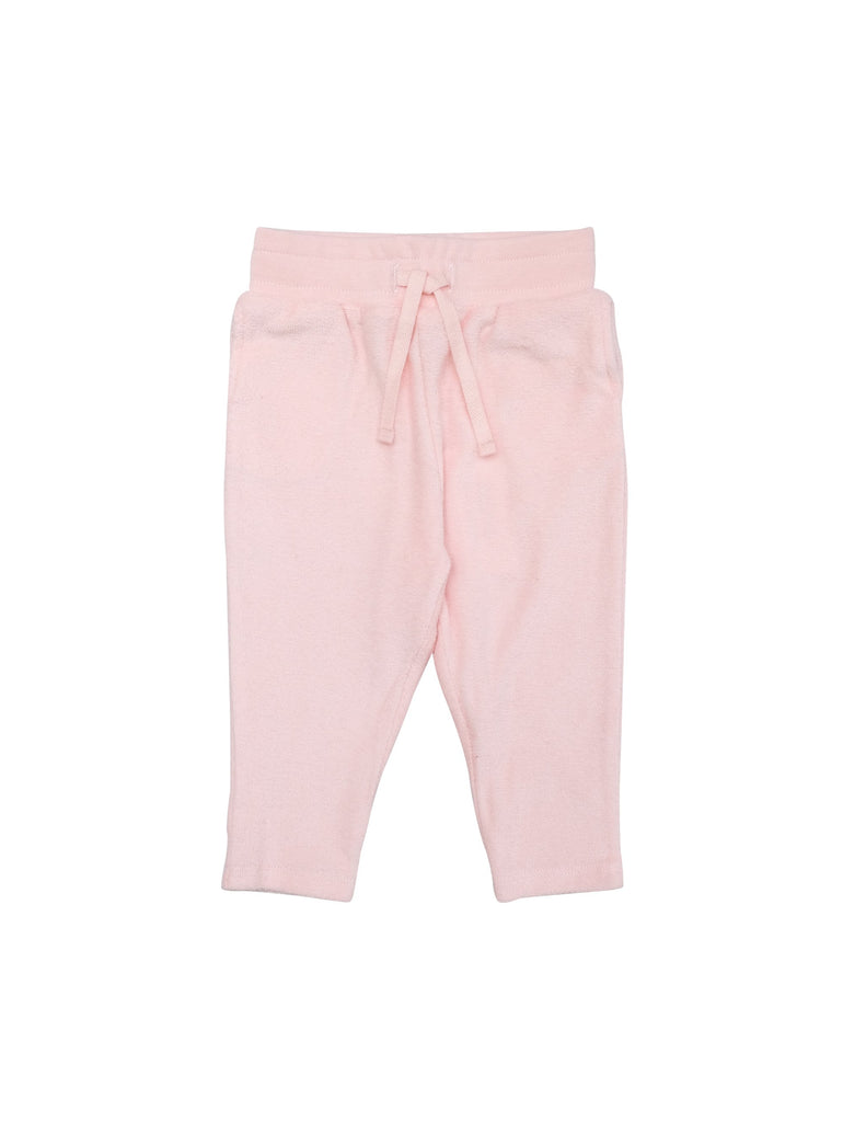 Terry pants with a soft ribbed waist and drawstrings for better fit.