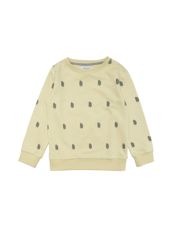 Classic styled sweatshirt with ribbed trims at arm and waist. All over exclusively made icecream print in grey on pale yellow fabric. Size 1yr has buttons at shoulder for easy dressing.