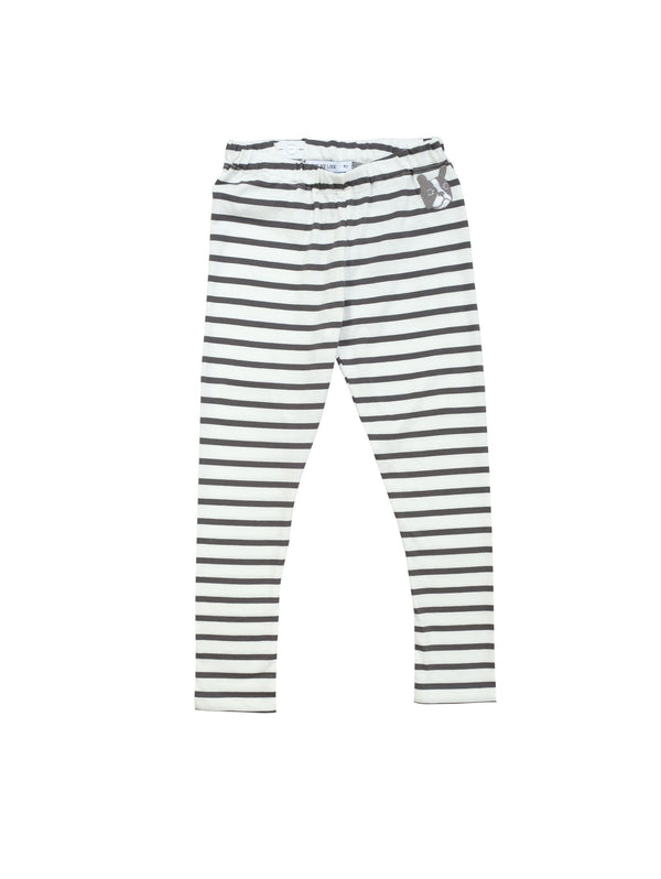 Charcoal grey and white striped leggings in comfortable organic jersey with small bulldog embroidery at front. Adjustable waist for a better fit so perfect to size up for baggy fit. Made in Portugal.