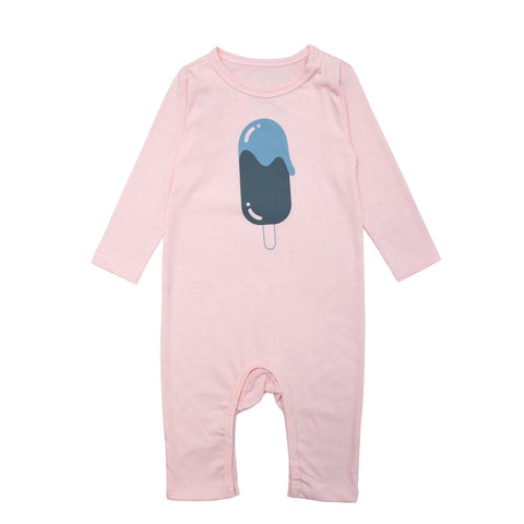 Vibrant pink suit with a hand printed icecream in grey and blue at front. Snapbuttons at crotch and at shoulder for easy dressing. Printed logo and sizing information at back.