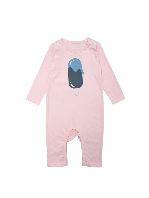 Vibrant pink suit with a hand printed icecream in grey and blue at front. Snapbuttons at crotch and at shoulder for easy dressing. Printed logo and sizing information at back.