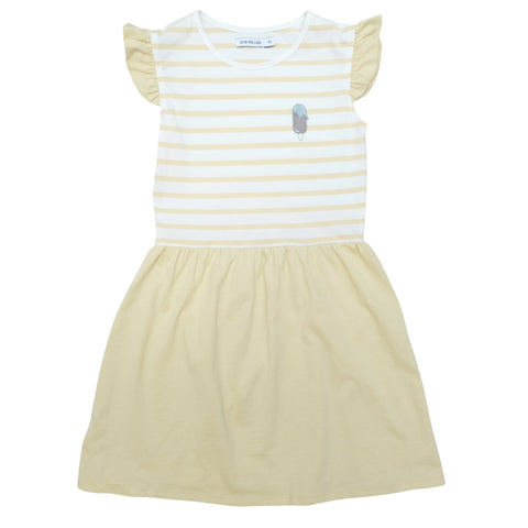 Sleeveless summer dress with a ruched waist and kneelenght. White and yellow striped top with summer yellow skirt and a small icecream embroidery at chest. Made in Portugal in 100% organic coton.