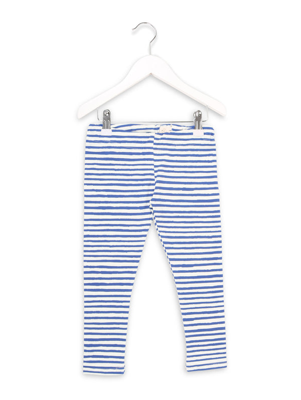 Leggings with One We Like stripe print in blue and white.