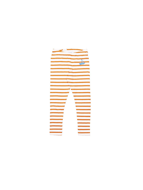 SS19 spring collection from One We Like made of 100% organic cotton. Stripe Leggings adjustable waist for better fit. Style in right size or go one up for a loose and comfy fit. Embroidery boat on front
