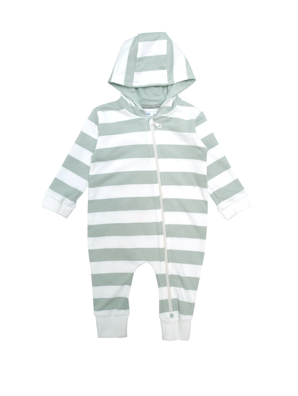 All in one baby suit with zipper down the front and a linned hood. Wear it as cool all in one as or with a body and think pants underneath as light layer two for those chilly evenings. White and mint green stripes in soft sweashirt material.