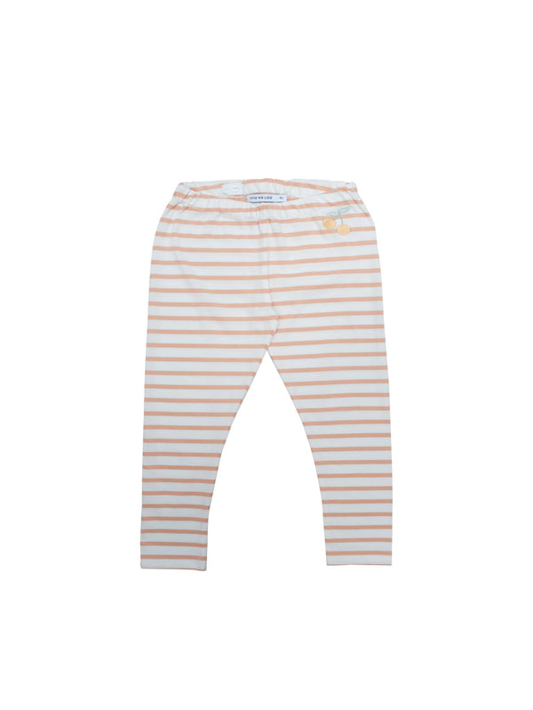 Soft and comfortable leggings in organic cotton jersey. Adjustable waist for a better fit and perfect for sizing up for longer wear. Coral and white stripes with the cutest little cherry at front. Printed logo and sizing information at back. 