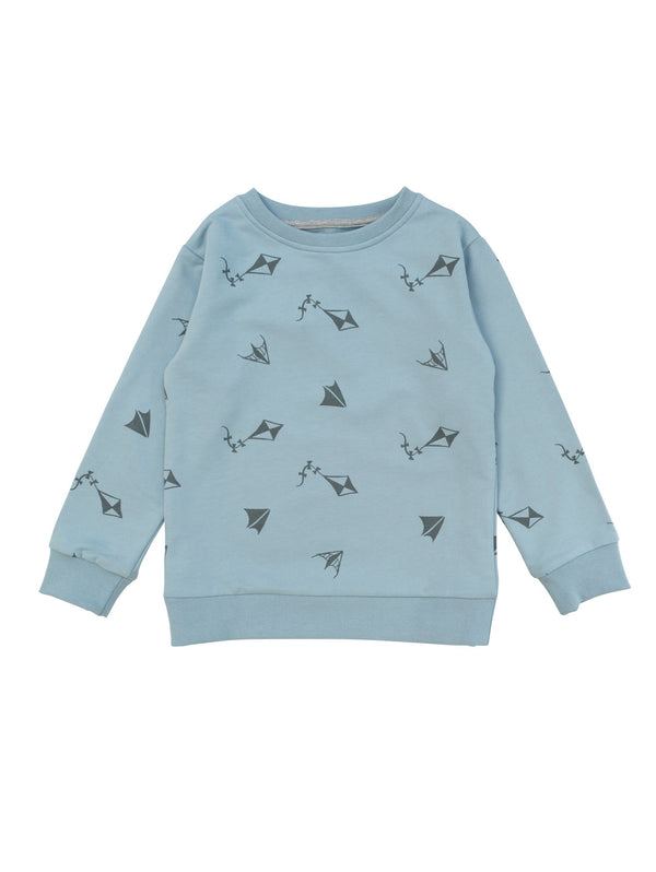 Classic styled sweatshirt with ribbed trims at arms and waist. All over Kite print exclusively made for One We Like blue fabric in organic cotton. Size 1yr has button at shoulder for easy dressing.