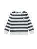 Classic sweatshirt in organic cotton fabric with ribbed trim. Striped in charcoal grey and white with a cute bulldog at chest. Size 1yr has snap button at shoulder. Made in Portugal