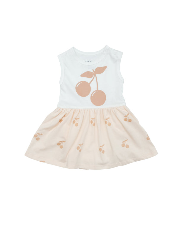 Cute summer baby body dress with a screenprinted Cherry at front and a airy skirt with all over Cherry print. Snap buttons at crotch and shoulder for easy dressing. Printed logo and sizing information at back to avoid necklabel irritating baby delicated skin. 