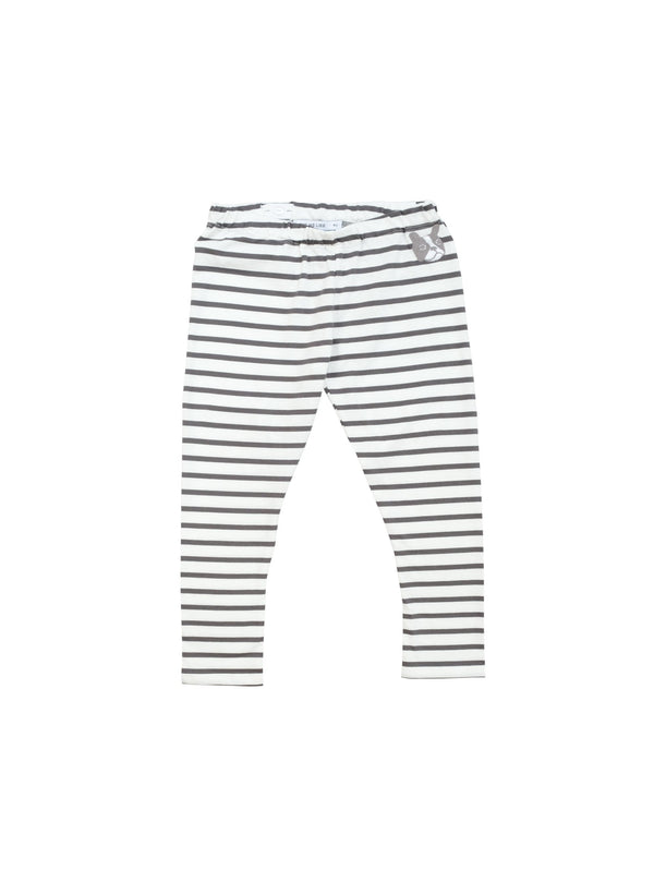 Charcoal grey and white striped leggings in comfortable organic jersey with small bulldog embroidery at front. Size up for a more baggy fit and adjust waist to your perfect fit. Made in Portugal.
