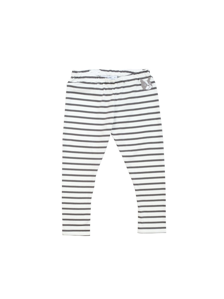 Charcoal grey and white striped leggings in comfortable organic jersey with small bulldog embroidery at front. Size up for a more baggy fit and adjust waist to your perfect fit. Made in Portugal.