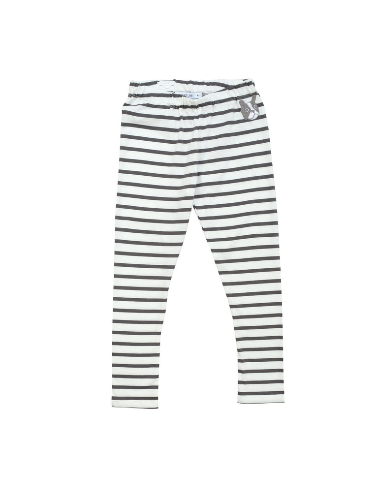 Charcoal grey and white striped leggings in comfortable organic jersey with small bulldog embroidery at front. Adjustable waist for a better fit so perfect to size up for baggy fit. Made in Portugal.