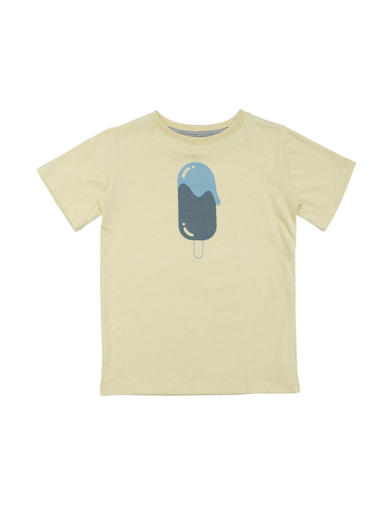 Classic unisex t-shirt model in summery yellow. Handprinted icecream at front. Size 1yr has snapbuttons at shoulder for easy dressing.  100% organic cotton made Portugal