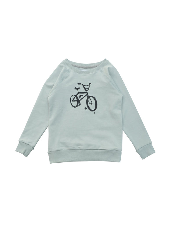 Sweatshirt in raglan model in light green and with a handprinted retro bike print at front. Made of 100% organic cotton in Portugal