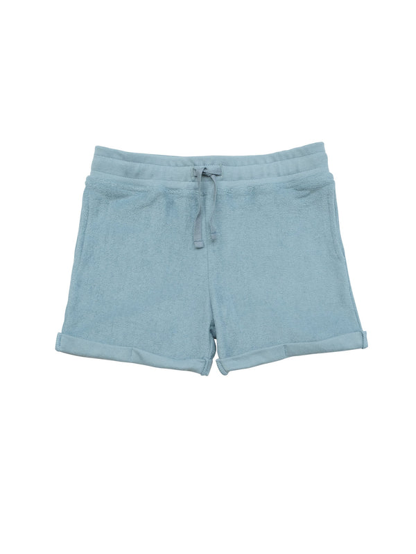Terry shorts with a ribbed waist with drawstring for perfect fit. Small fold-ups at leg. Unisex model made in 100% organic cotton terry.