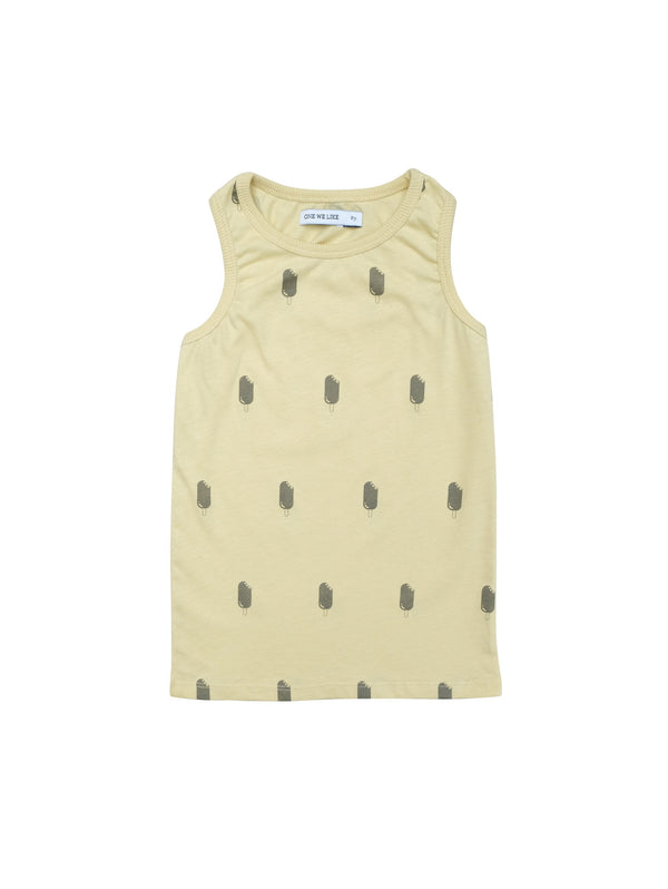 Sleevless top with our summery all over icecream print. Rib around neck and at arm opening. Unisex