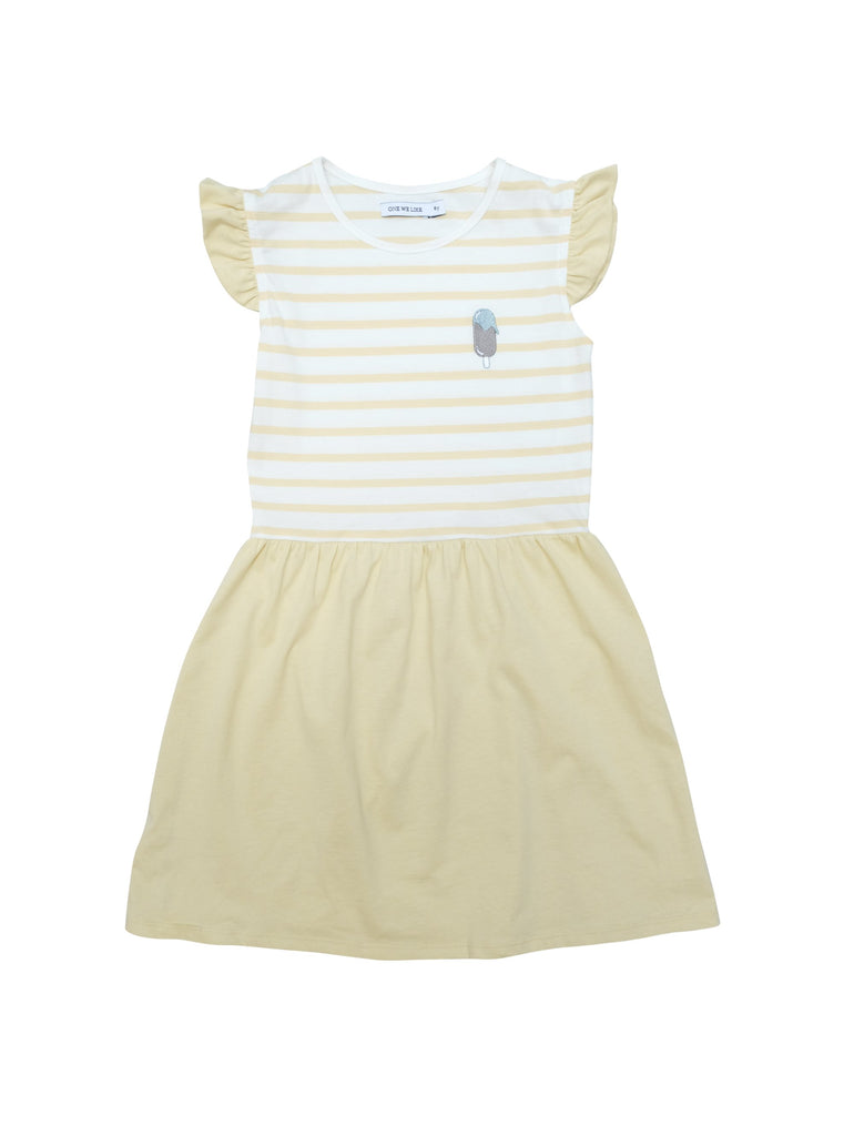 Sleeveless summer dress with a ruched waist and kneelenght. White and yellow striped top with summer yellow skirt and a small icecream embroidery at chest. Made in Portugal in 100% organic coton.