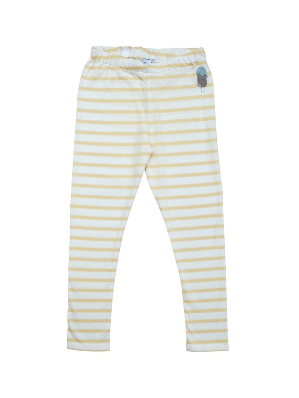 Soft striped leggings with adjustable waist for best fit and with a small icecream embroidery at front.. Size up for a baggy fit and longer wear. Made in Portugal with organic jersey material.