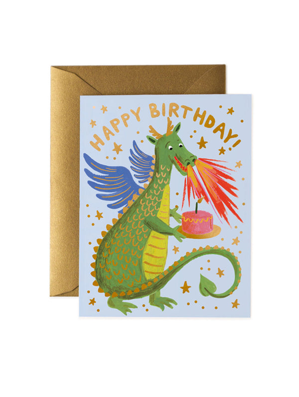 Colourful kids Birthday Card with a dragon holding a cake and Happy Birthday in gold letters